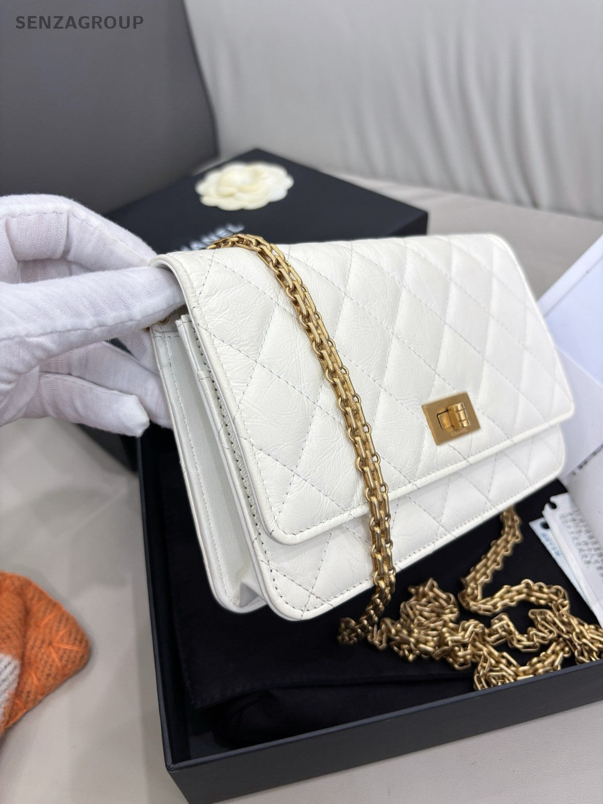 CHANEL 2.55 Woc Calfskin Chain Shoulder bag Crossbody White Gold Women