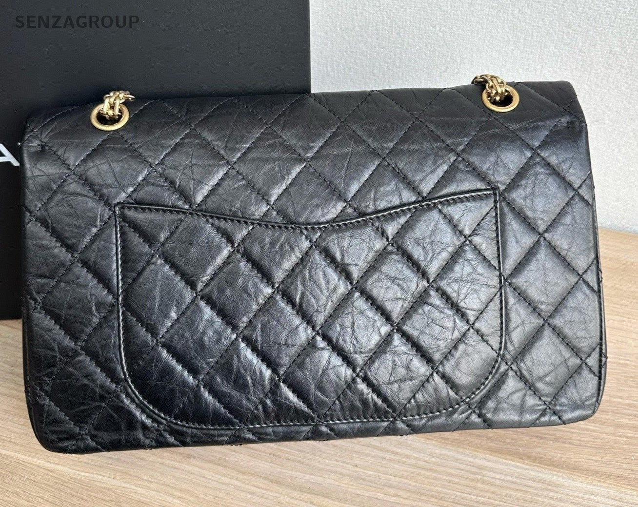 Chanel Calfskin GM Chain Shoulder Bag Black Gold Women Classic Diamond