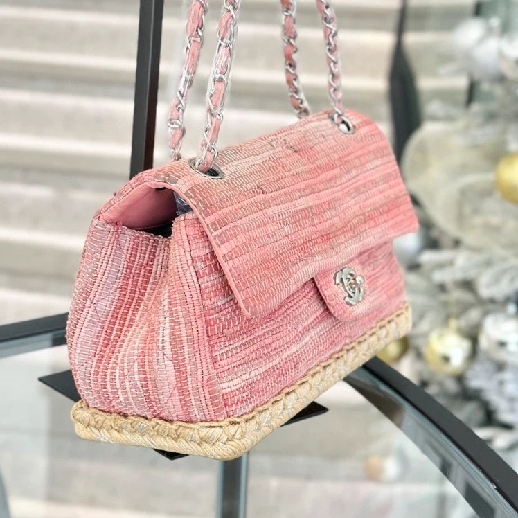 Chanel Classic Flap MM Tweed Chain Shoulder Bag Crossbody Pink Silver Women S