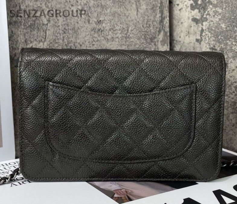 Chanel WOC Diamond Chain Shoulder Bag Crossbody Black Silver Women Classic
