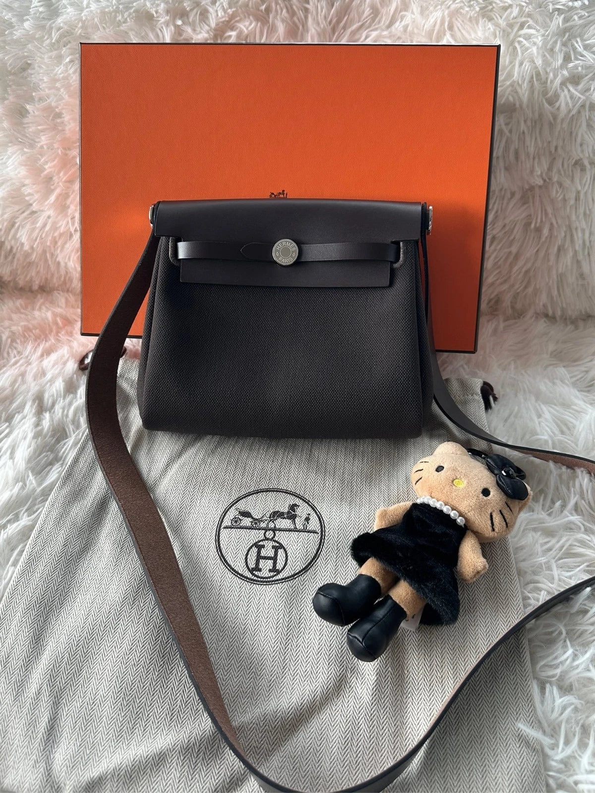 Hermes Canvas Mini Herbag Brown Silver Women's Shoulder Bag