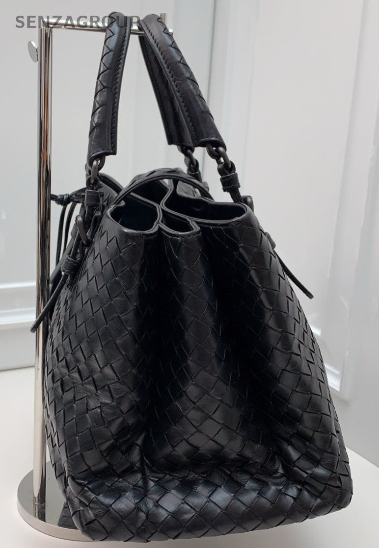 Bottega Veneta Classic Roma Intrecciato Top Handle Shoulder Crossbody Bag Black