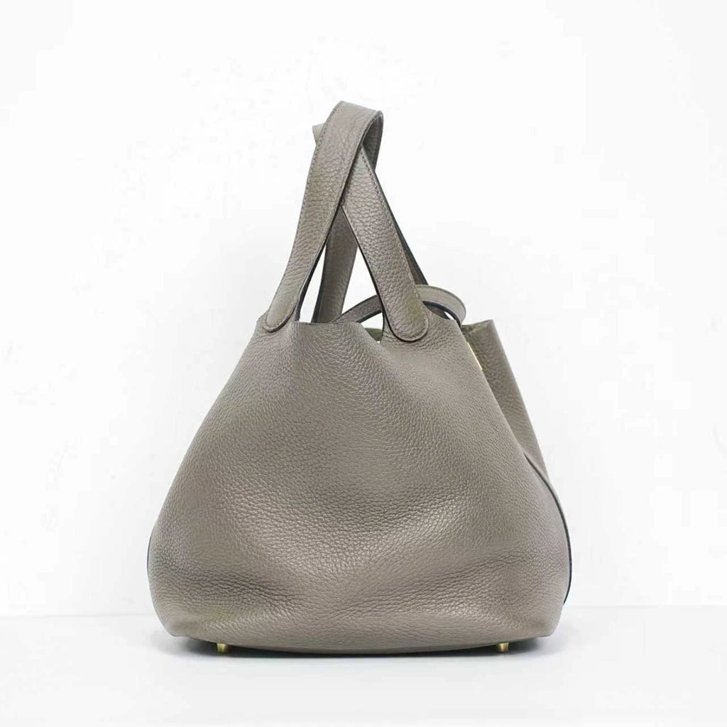 Hermes Picotin22 Gray Leather Gold Hardware Bucket Handbag Excellent