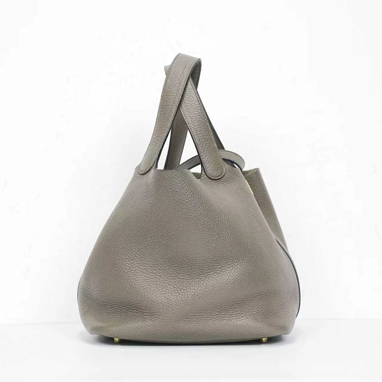Hermes Picotin22 Gray Leather Gold Hardware Bucket Handbag Excellent