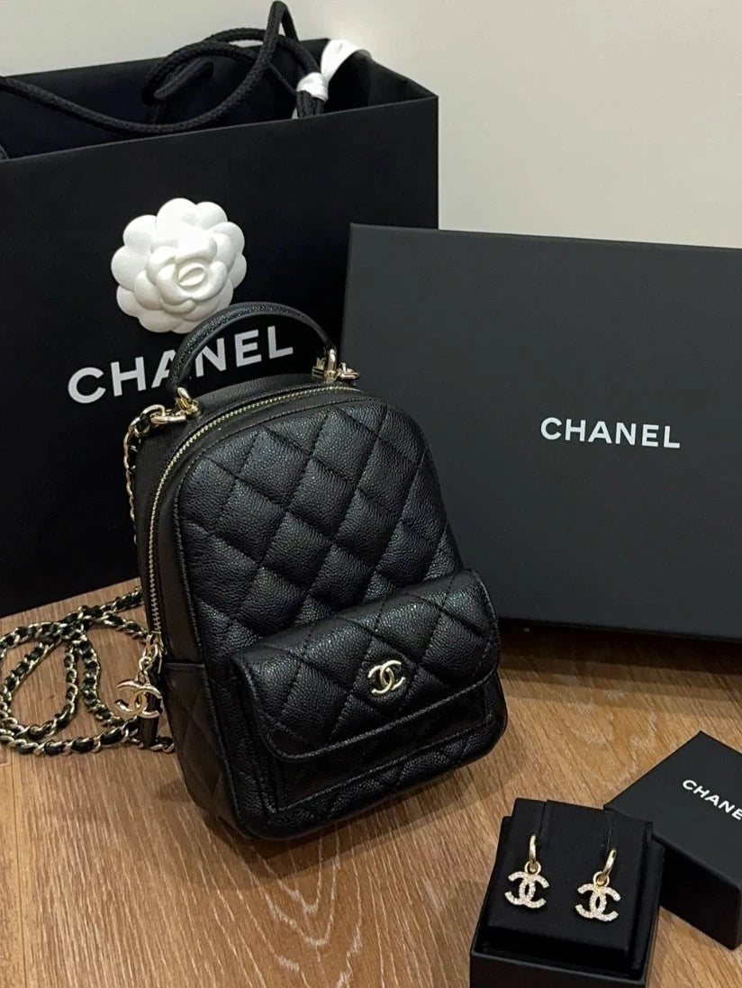 CHANEL Calfskin Black Gold Mini Backpack For Women