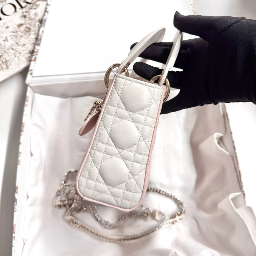 New Dior 3-Grid Lady Dior Pink White Leather Top Handle Bag For Women