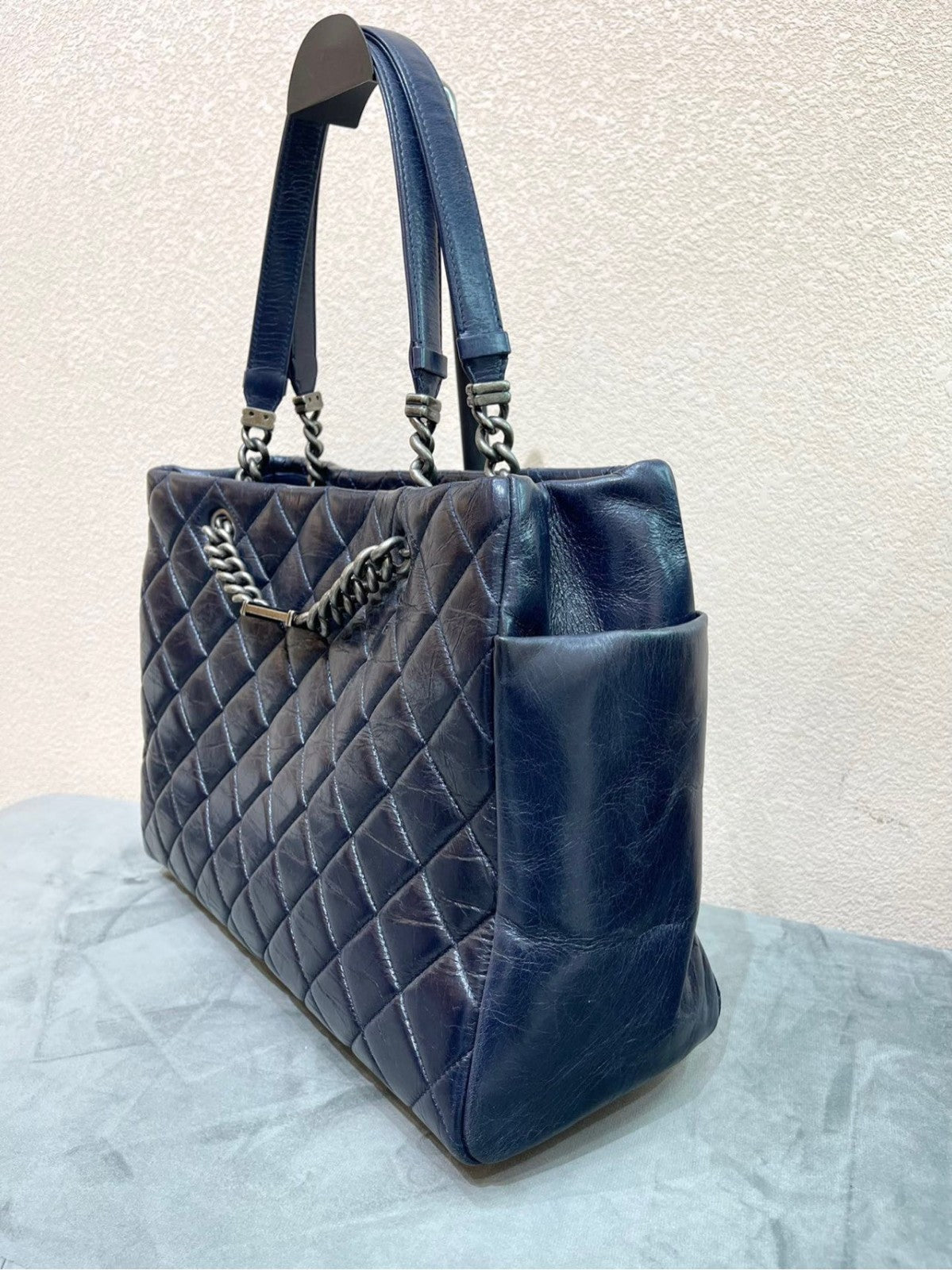 CHANEL Combom Diamond pattern Double Handle Shoulder Handbag Women Blue Silver