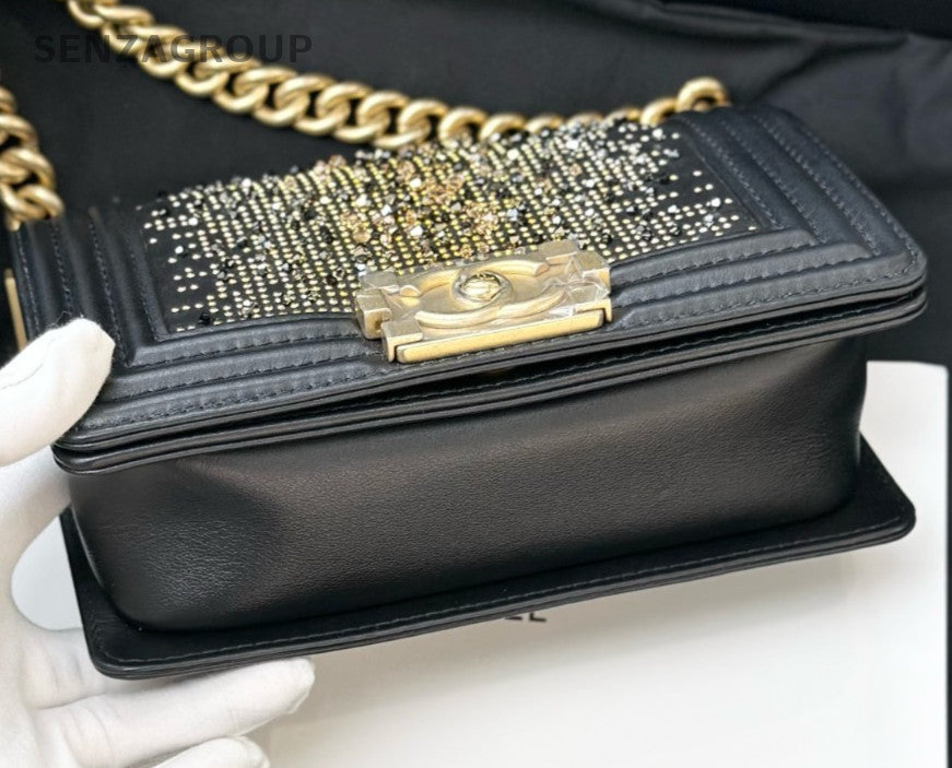 Chanel Leboy PM Rhinestone Chain Calfskin Black Gold Women Classic Designer