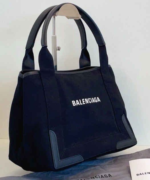 Balenciaga Navy Cabas Canvas Tote Top Handle Shoulder Bag With Pouch Black Women
