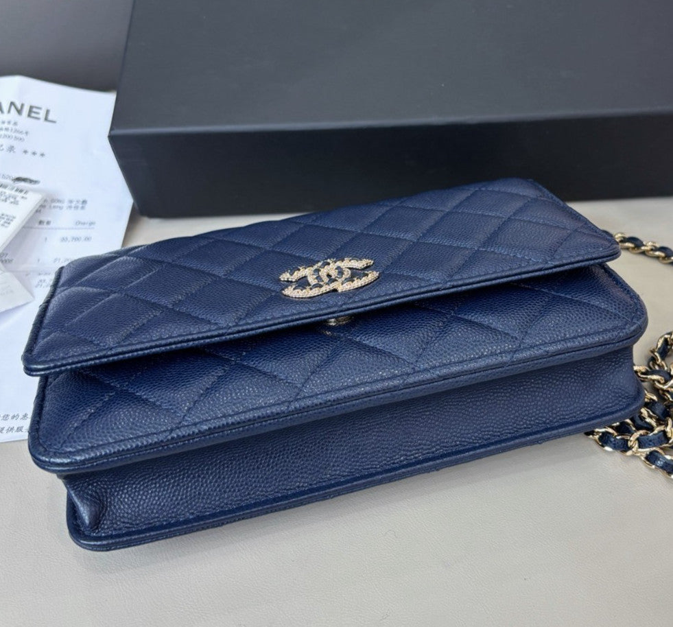 Chanel WOC Calfskin Chain Shoulder Bag Crossbody Blue Silver Women Classic
