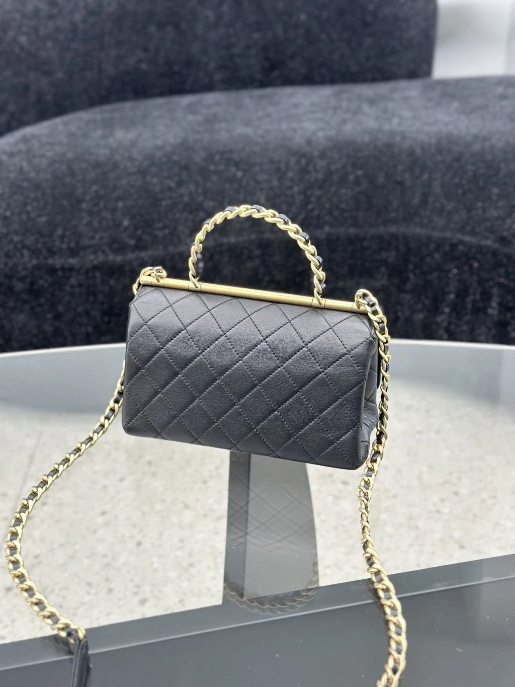 Chanel Lambskin Chain Top Handle Crossbody Bag Black Gold Hardware Women S
