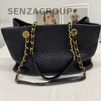 Chanel Black Gold V-Pattern Calfskin Tote Bag with Chain Strap for Women