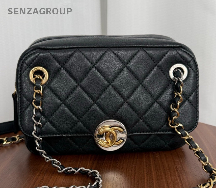 Chanel Diamond PM Calfskin Camera Chain Shoulder Bag Black Gold Women Classic