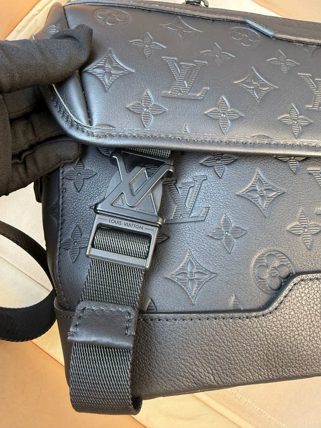 Louis Vuitton Voyager Monogram Shadow Black Embossed Leather Messenger Bag