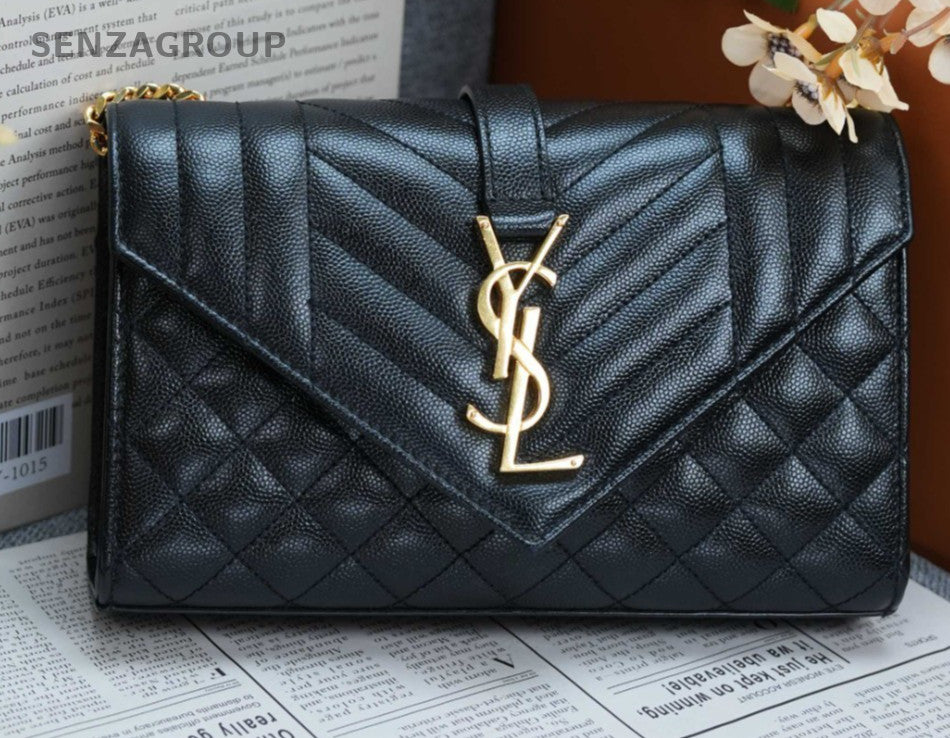 YSL Saint Laurent Envelope MM Caviar Leather V-pattern Shoulder Bag Women Black