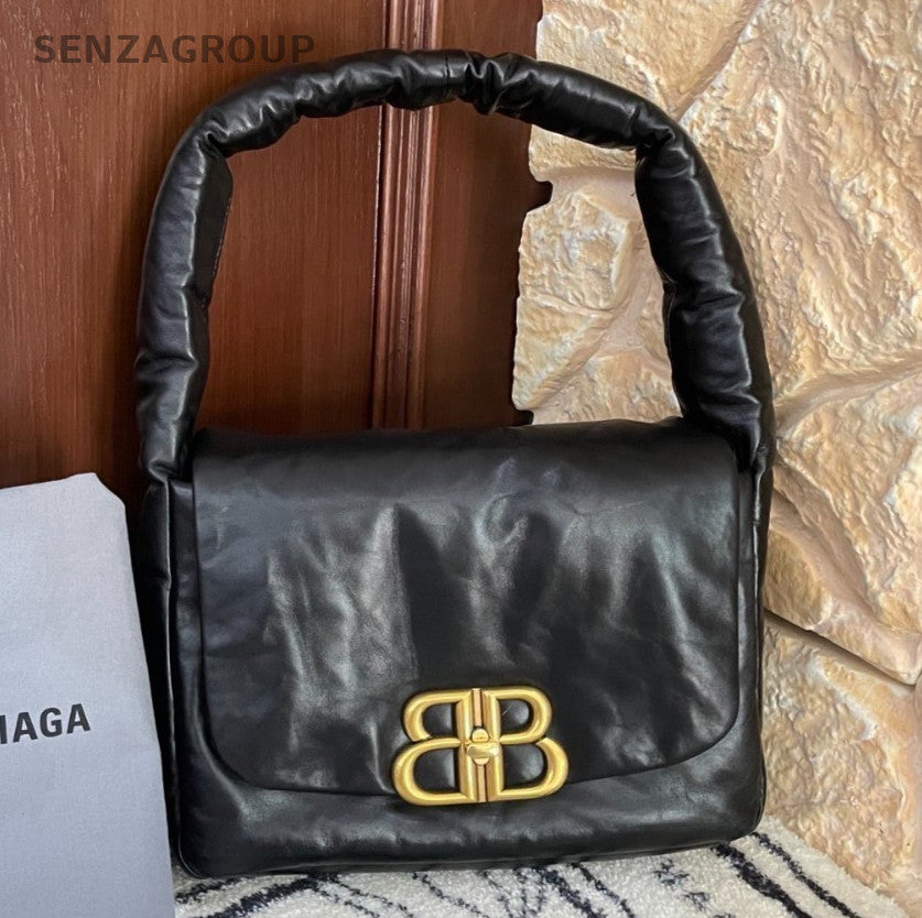 Balenciaga Monaco Soft Calf Shoulder Bag Black Gold Women Classic Fashion