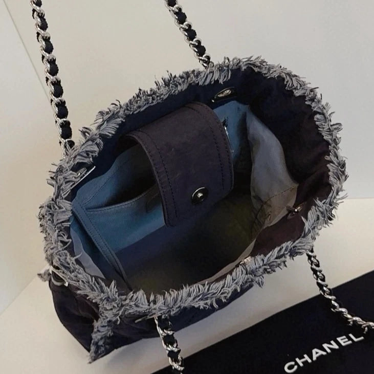 Chanel Deauville PM Chain Shoulder Bag Black Silver Women Classic