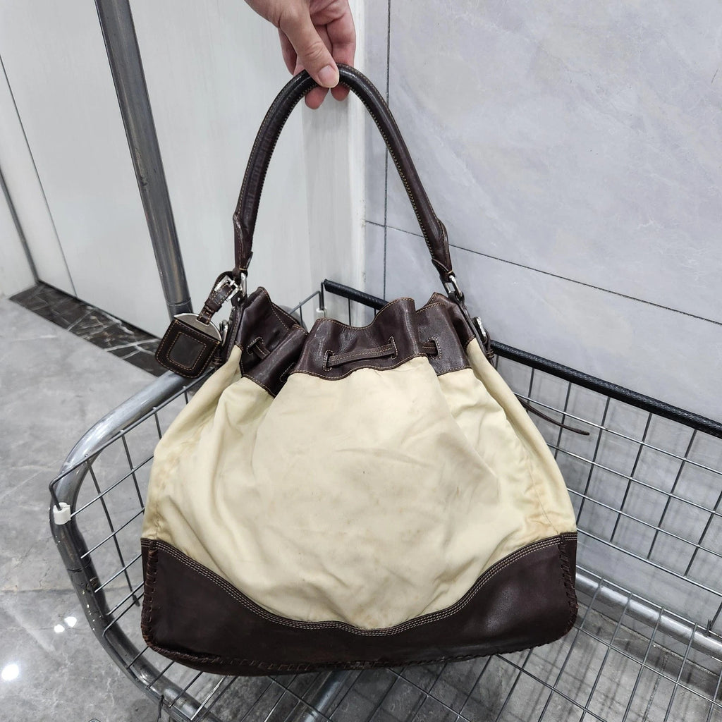 PRADA Nylon Colorblock Drawstring Bucket Shoulder Handbag For Women