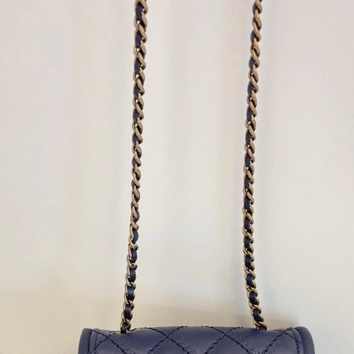 Chanel Classic Flap Chain Shoulder Bag Crossbody Blue Gold Women Diamond