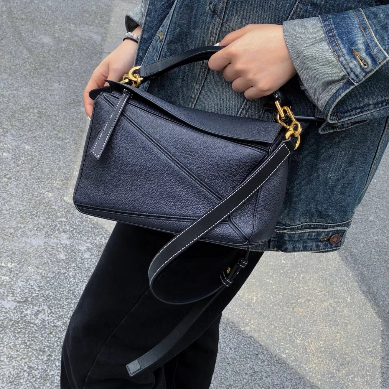 Loewe Puzzle PM Top Handle Crossbody Bag Blue Gold Women Classic