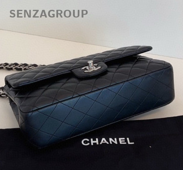 Chanel Classic Flap MM Lambskin Chain Shoulder Bag Crossbody Black Silver Women