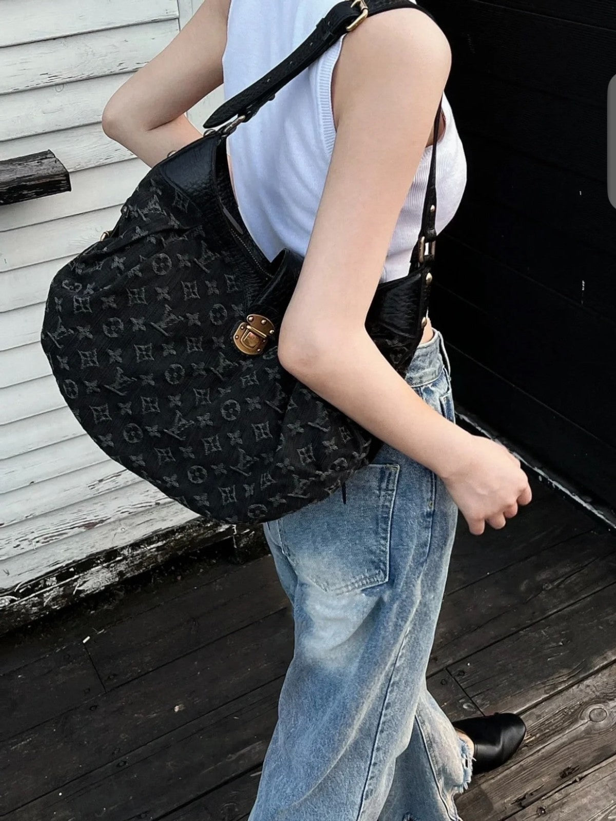 Louis Vuitton Hobo Denim Premium Black Monogram Shoulder bag Women