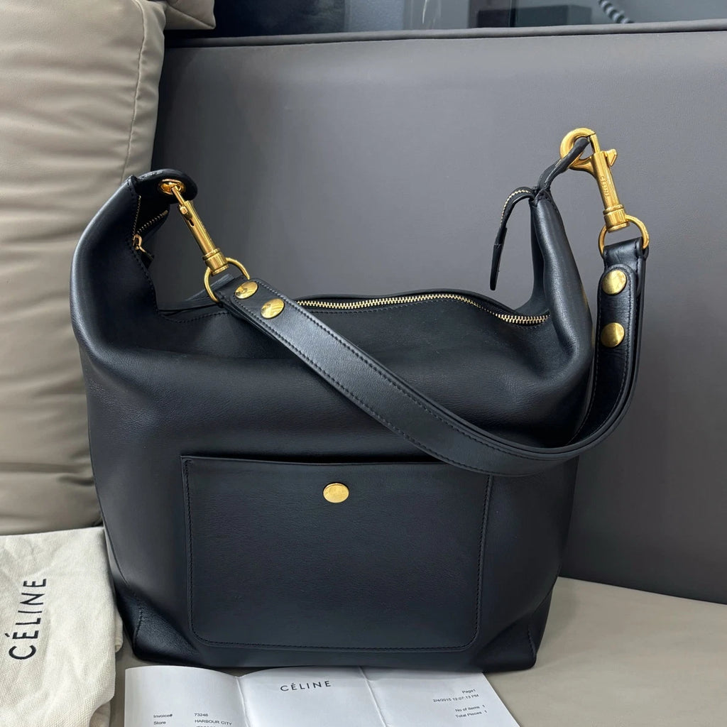 Authentic Celine Zipped Hobo Black Calfskin Shoulder Bag with Gold Hardware