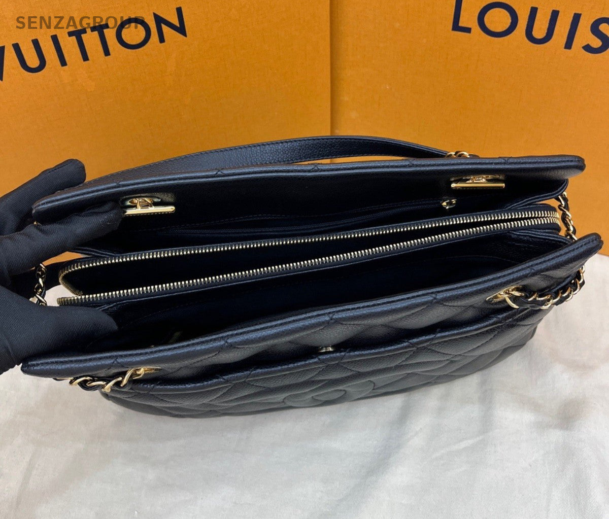 Chanel Calfskin Tote Chain Shoulder Bag Black Gold Diamond Women CC Logo Classic