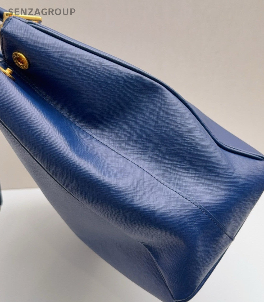 Prada Galleria Saffiano Tote Handbag Blue Gold Used Unisex Adults Classic