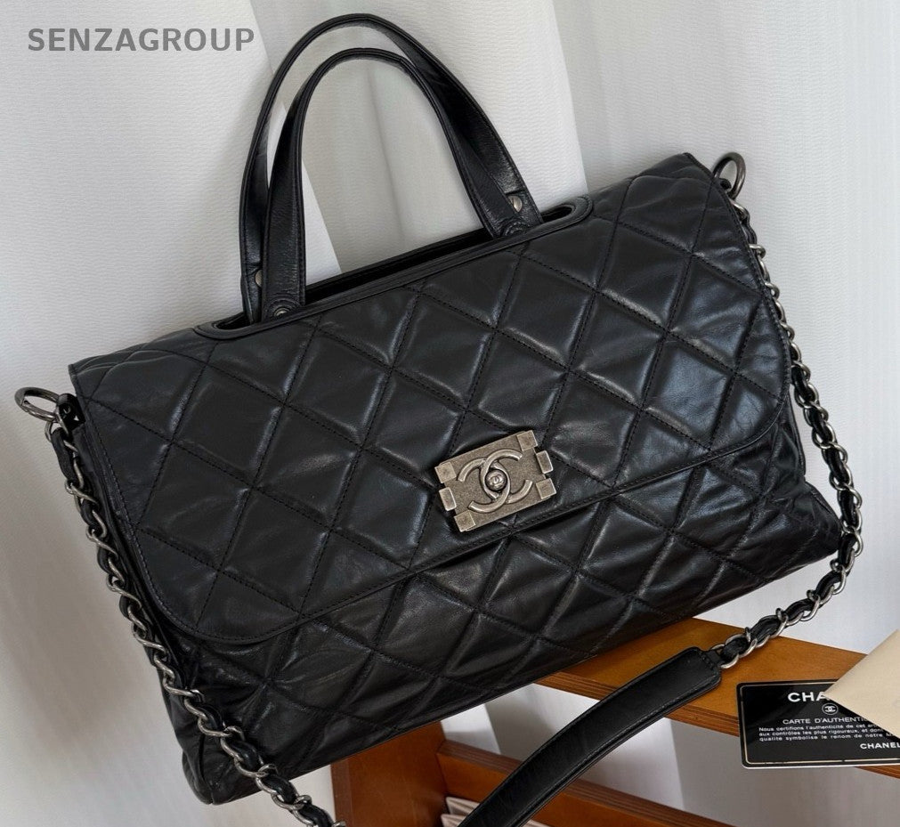 Chanel Calfskin Satchel Top Handle Bag Chain Crossbody Black Unisex Adults