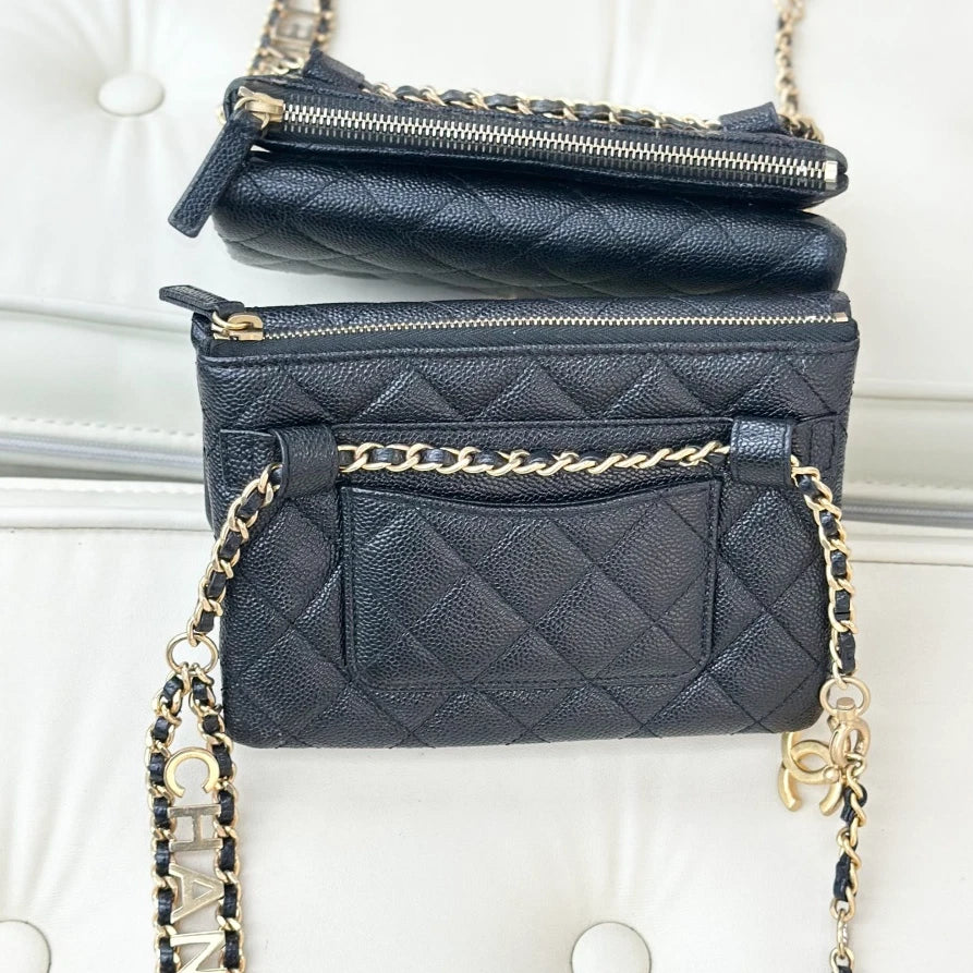 Chanel Diamond Calfskin Chain Crossbody Black Gold Women Classic S