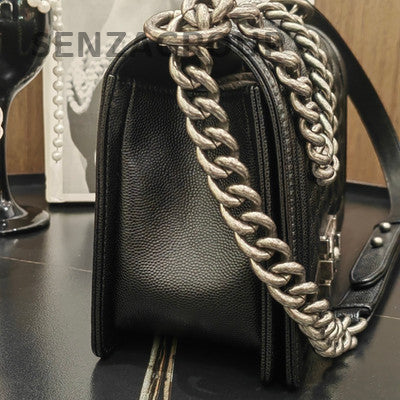 Chanel Le Boy Black Silver Medium Quilted Chain Shoulder Bag Classic