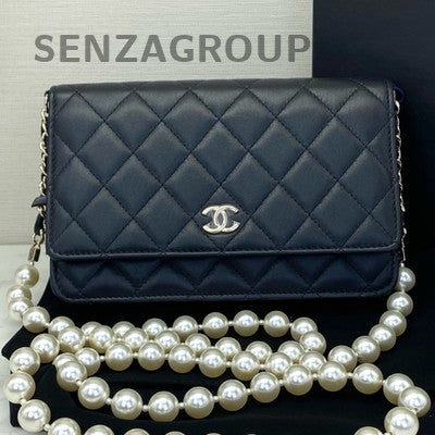 Chanel Quilted Black Silver Lambskin WOC Pearl Chain Crossbody Bag
