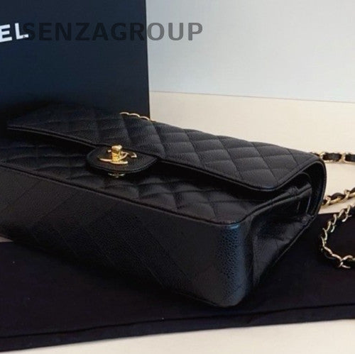 Chanel Classic Flap MM Chain Shoulder Bag Crossbody Black Gold Used Women
