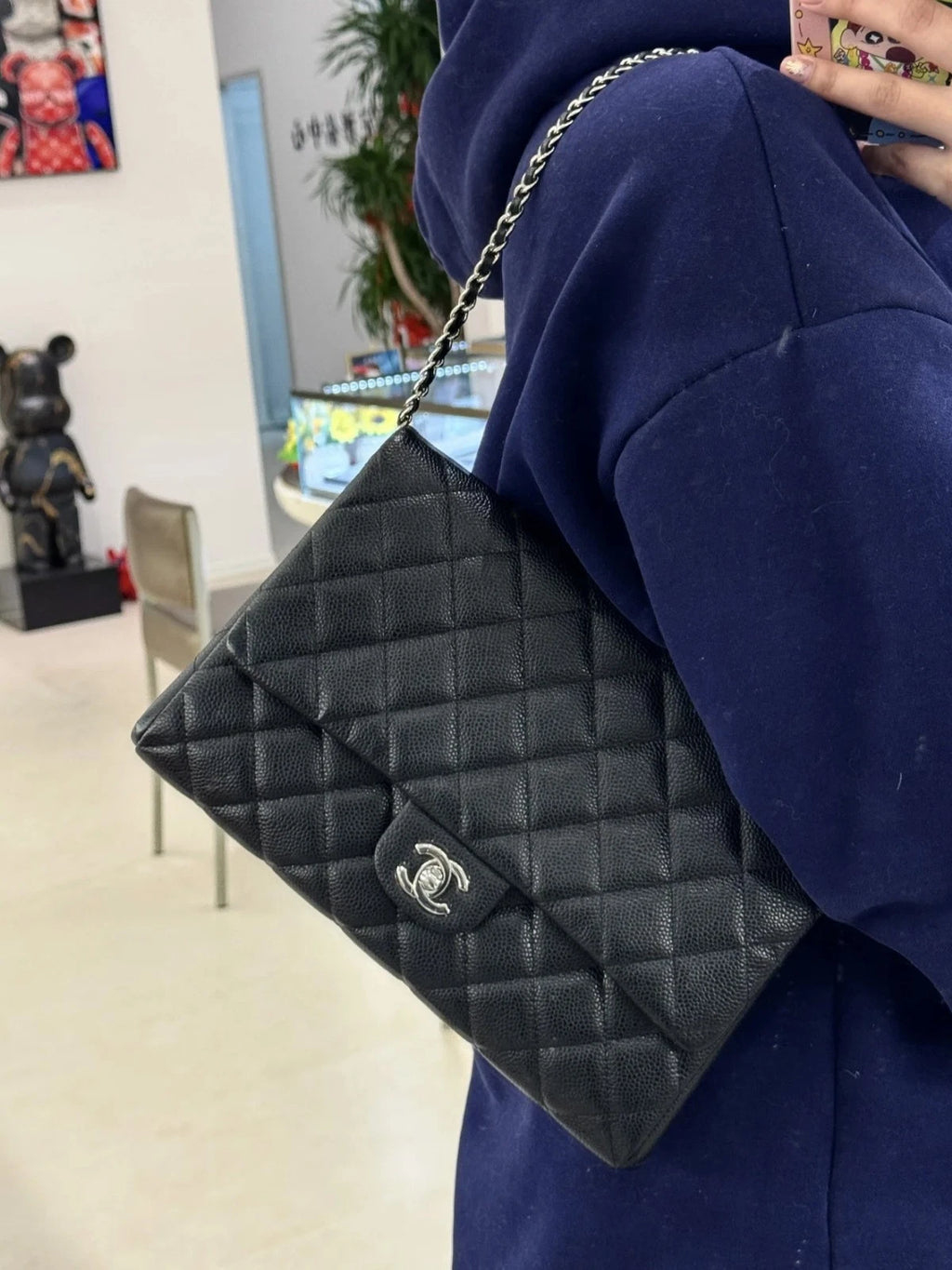 Chanel Classic Flap Shoulder Bag Women's Crossbody Black Caviar Silver Turnlock