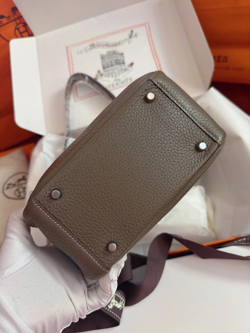 Excellent Hermes Lindy Mini TC Leather Gray Handbag Shoulder Bag Silver Hardware