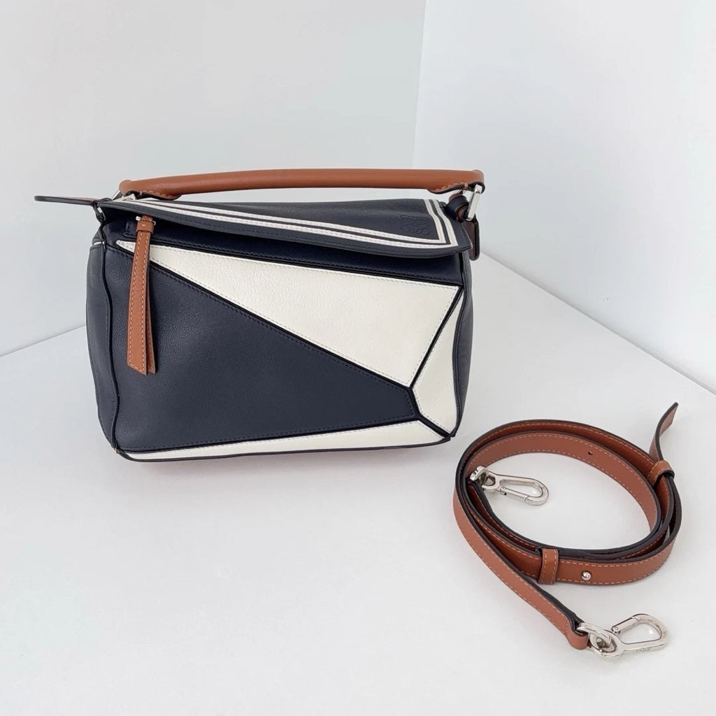 Authentic Loewe Puzzle MM Navy Top Handle Bag Crossbody Silver Hardware