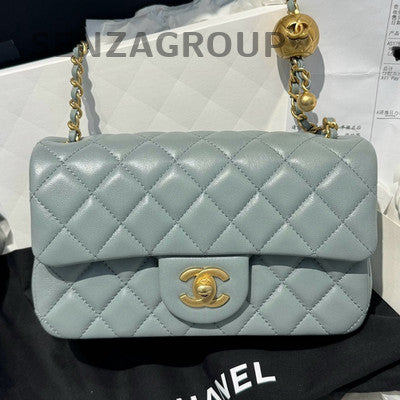 Chanel Classic Flap Mini Bag Grey Green Gold Hardware Crossbody Shoulder