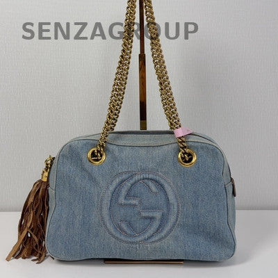 Gucci Soho Fringe Tote Bag Denim Blue Gold Women Shoulder Bag