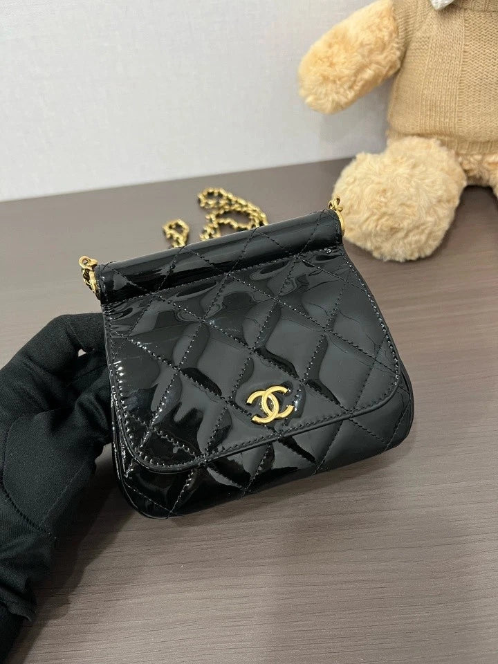 CHANEL Black Gold Patent Leather Mini Crossbody Bag For Women