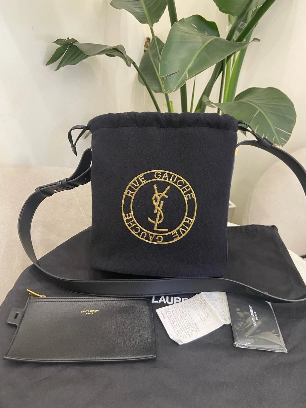 Saint Laurent Women Embroidered Leather Drawstring Bucket Bag