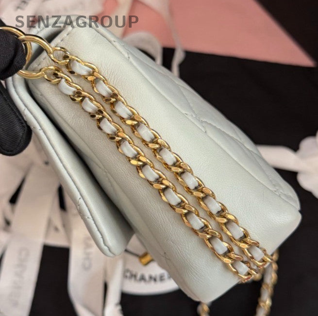 Chanel Classic Flap Mini Lambskin Chain Crossbody Shoulder Bag White Gold Women