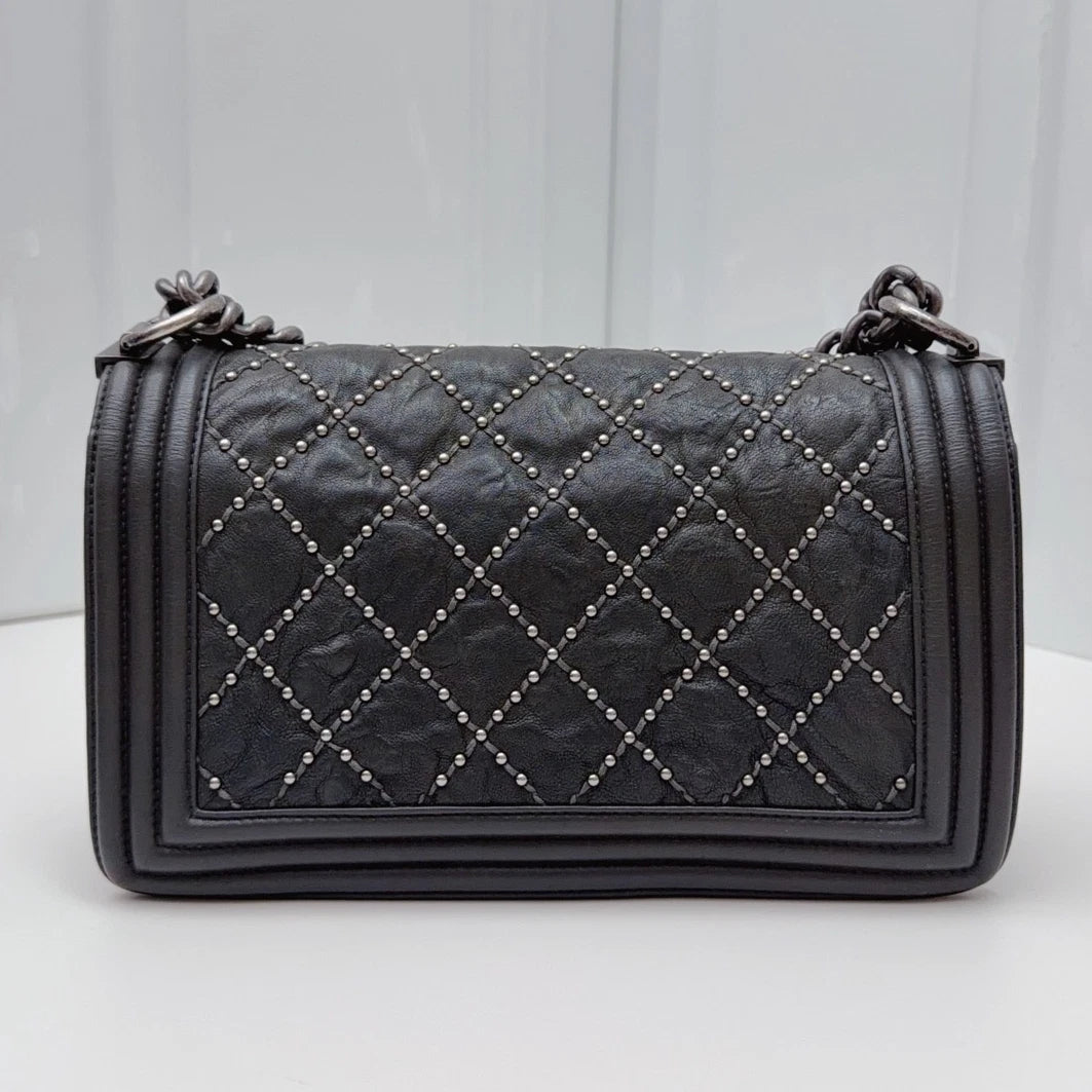 Chanel Leboy Chain Shoulder Bag Crossbody Black Silver Diamond Women Classic