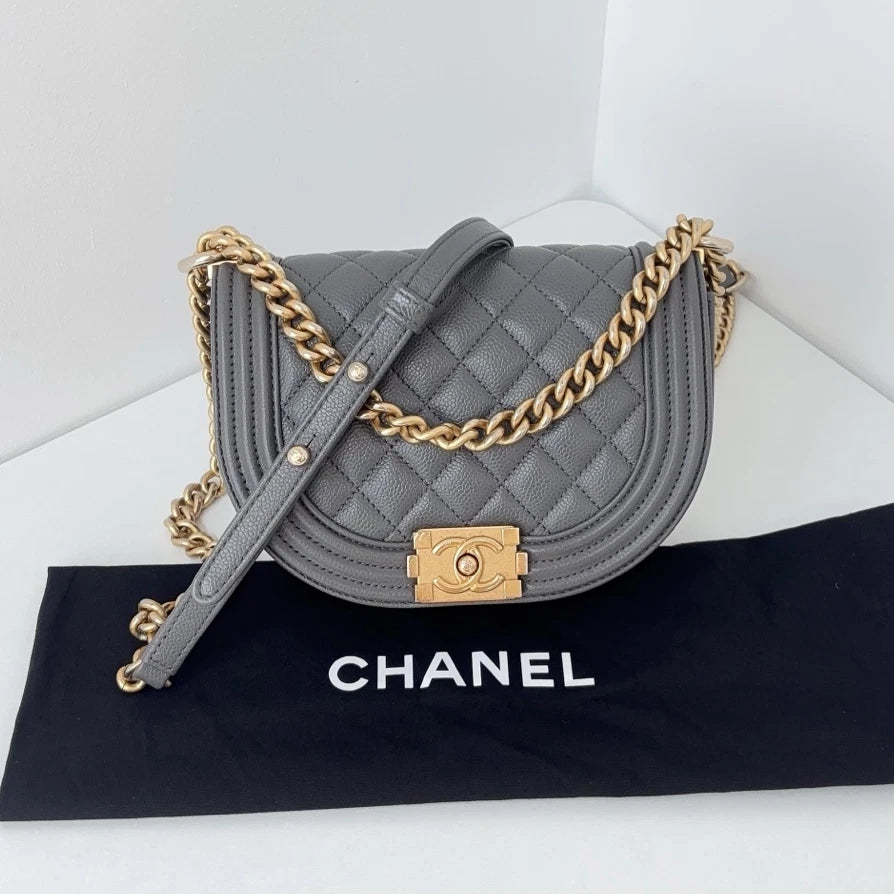 Chip Version Chanel Leboy Calfskin Gray Saddle Gold Chain Shoulder Crossbody