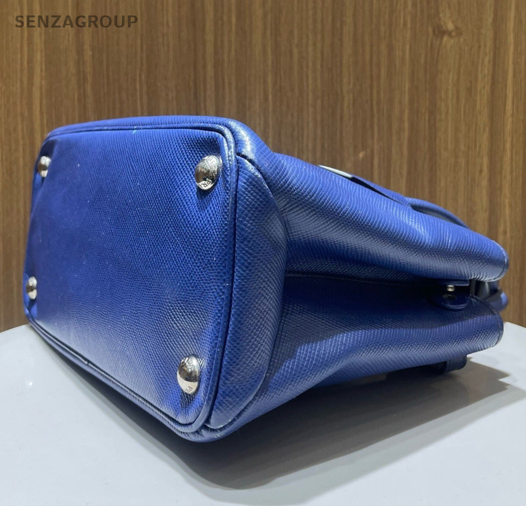 Prada Galleria PM Top Handle Bag Crossbody Blue Silver Women Classic