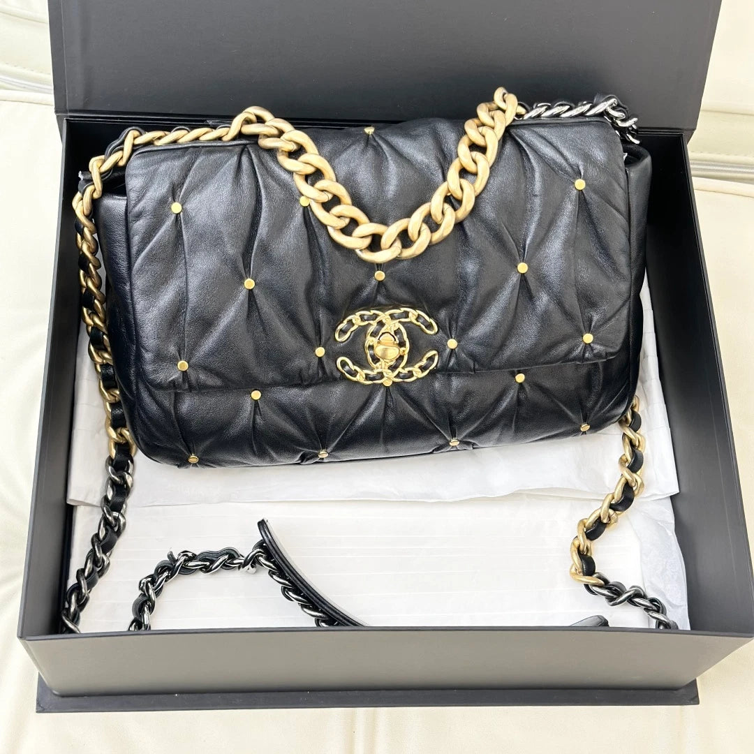 Excellent Chanel 19Bag PM Lambskin Chain Shoulder Crossbody Bag Black GHD