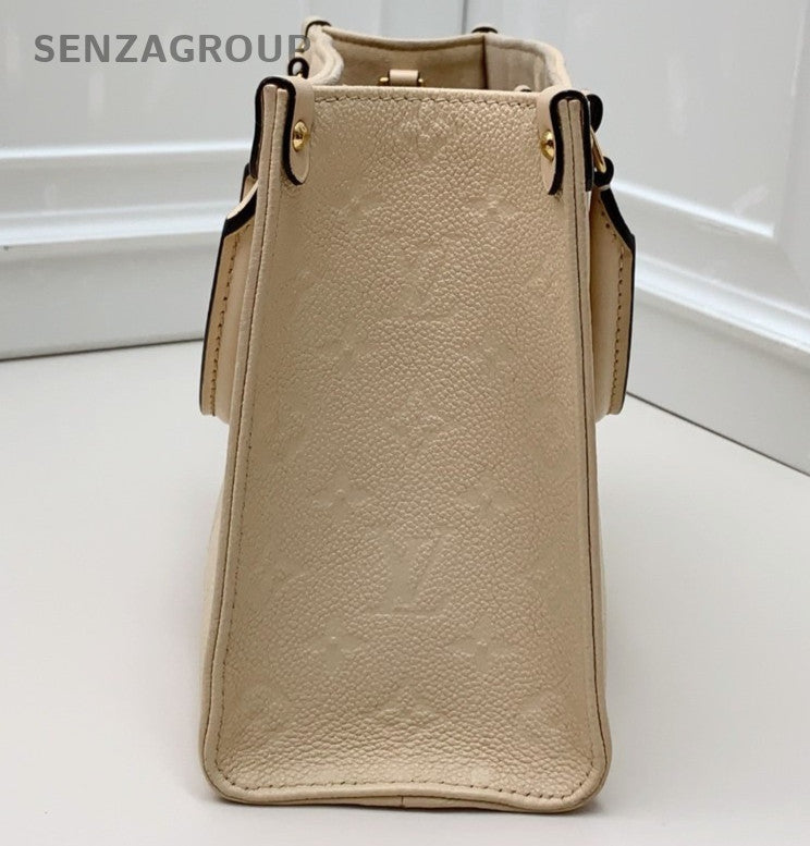 Louis Vuitton OnTheGo Tote Calfskin Top Handle Bag Crossbody White Gold Women