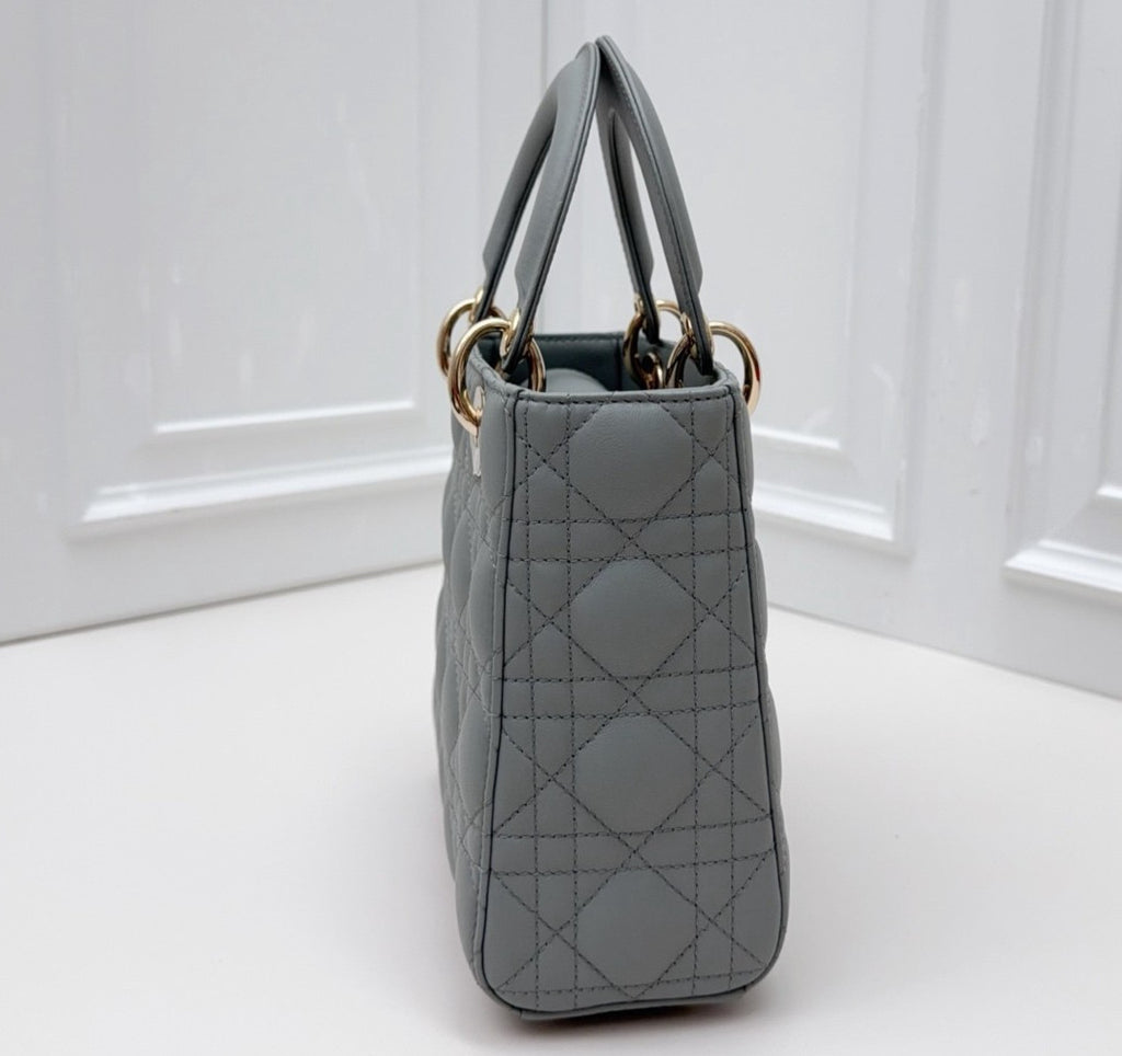 Christian Dior Lady Dior Cannage Top Handle Bag Crossbody Gray Gold Women
