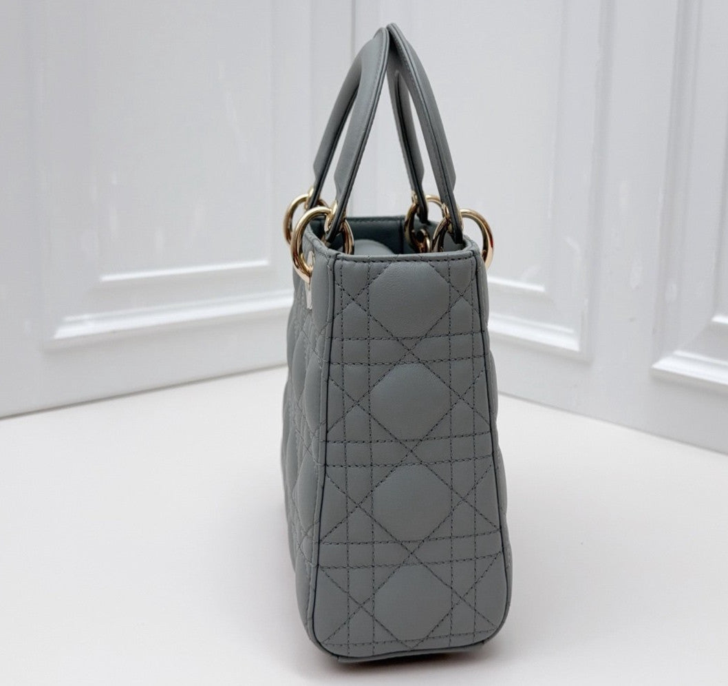 Christian Dior Lady Dior Cannage Top Handle Bag Crossbody Gray Gold Women