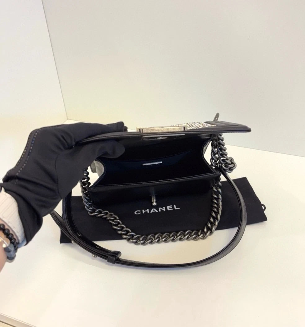 Chanel Leboy PM Shoulder Bag Crossbody Bag Push Lock Silver Women